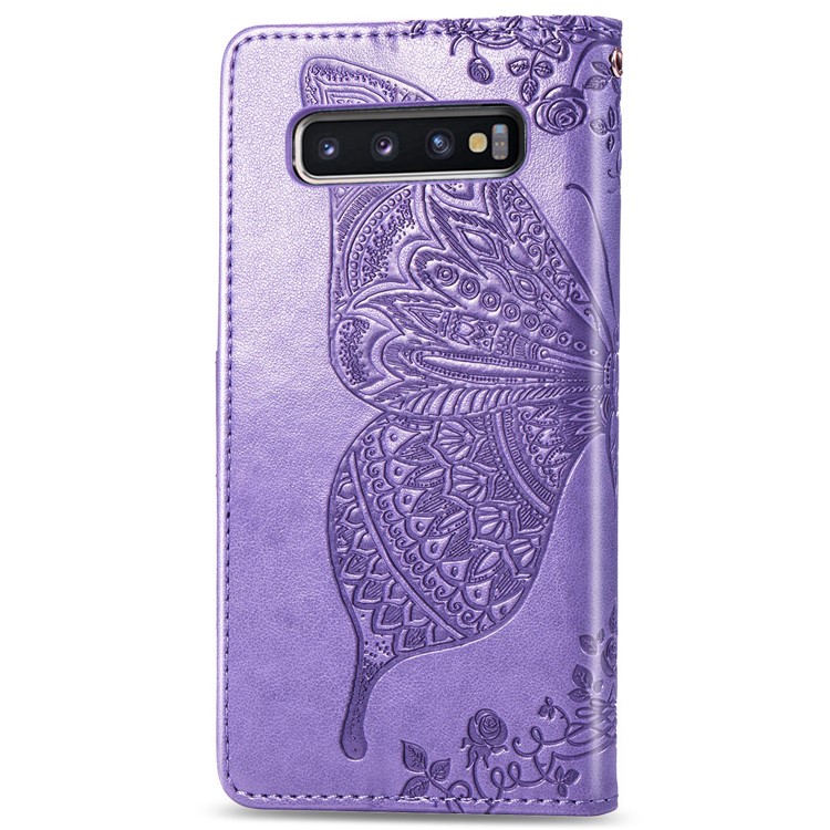 Imprint Butterfly Flower Leather Wallet Stand Phone Cover for Samsung Galaxy S10 - Light Purple-3
