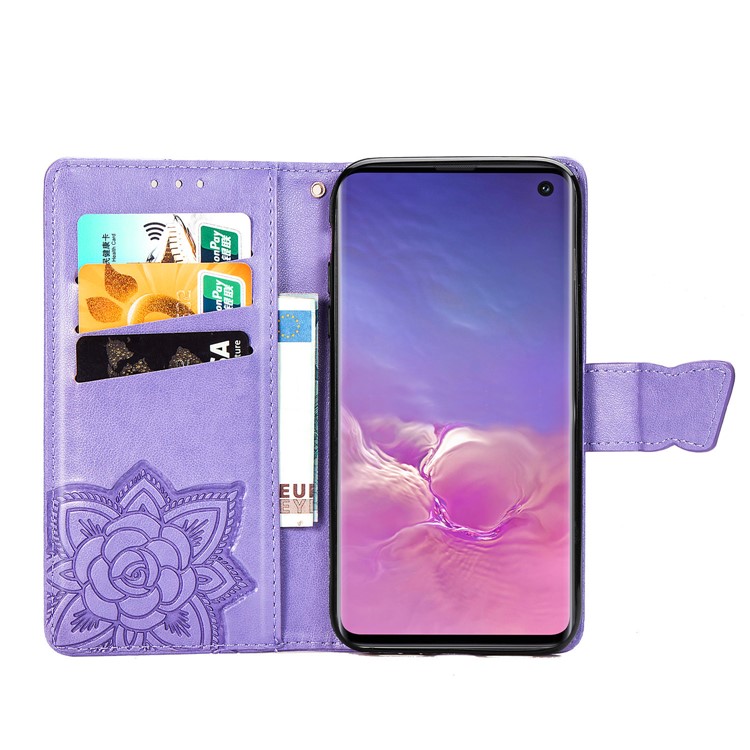 Imprint Butterfly Flower Leather Wallet Stand Phone Cover for Samsung Galaxy S10 - Light Purple-4