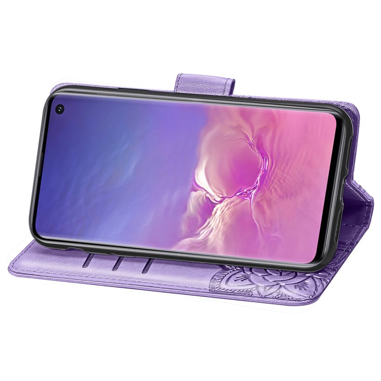 Imprint Butterfly Flower Leather Wallet Stand Phone Cover for Samsung Galaxy S10 - Light Purple-7