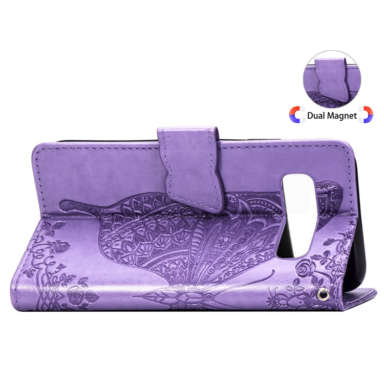 Imprint Butterfly Flower Leather Wallet Stand Phone Cover for Samsung Galaxy S10 - Light Purple-8
