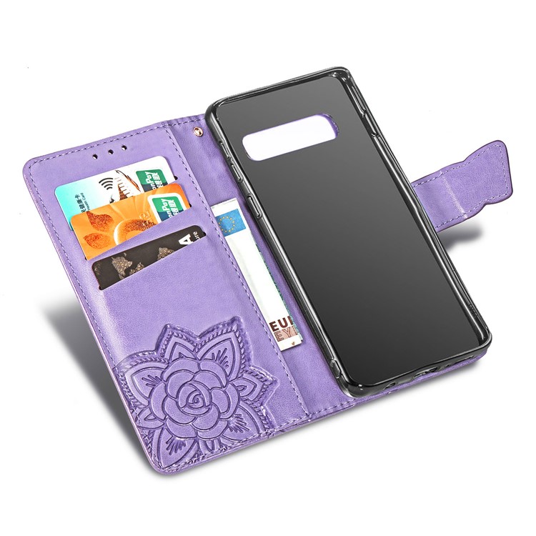 Imprint Butterfly Flower Leather Wallet Stand Phone Cover for Samsung Galaxy S10 - Light Purple-9