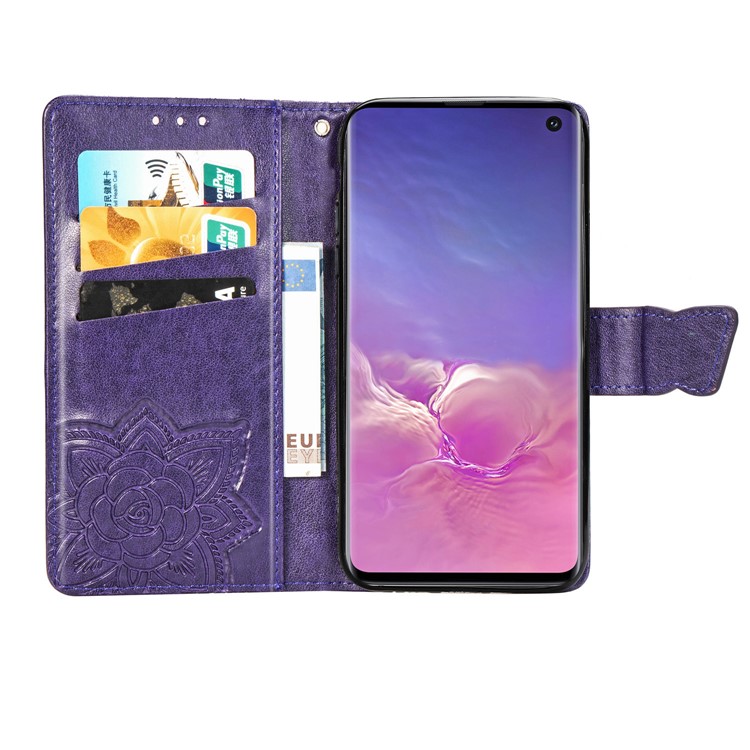 Imprint Butterfly Flower Leather Wallet Stand Phone Cover for Samsung Galaxy S10 - Dark Purple-4