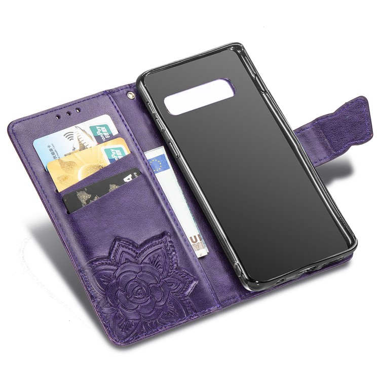 Imprint Butterfly Flower Leather Wallet Stand Phone Cover for Samsung Galaxy S10 - Dark Purple-7