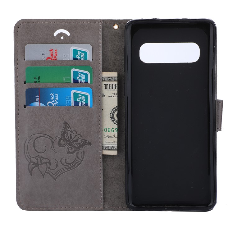 Imprint Butterfly Heart PU Leather Flip Case for Samsung Galaxy S10 - Grey-3
