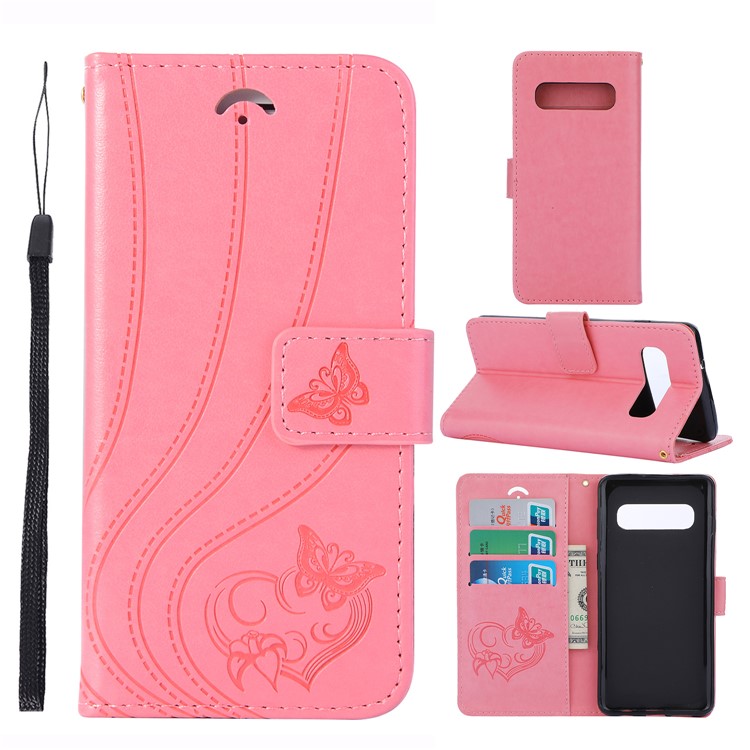 

Imprint Butterfly Heart PU Leather Flip Case for Samsung Galaxy S10 - Pink, Galaxy S10