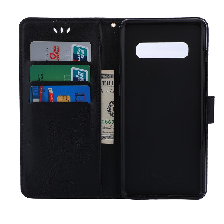 For Samsung Galaxy S10 Imprint Ant Flower Leather Wallet Cover with Strap - Black-3