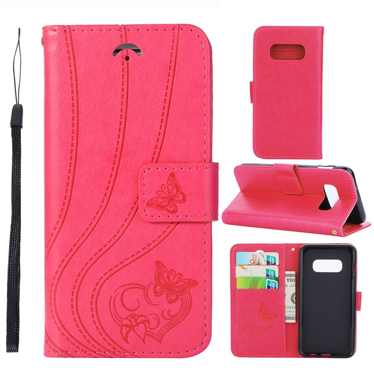 Imprint Butterfly Heart Leather Phone Case for Samsung Galaxy S10e - Rose-1