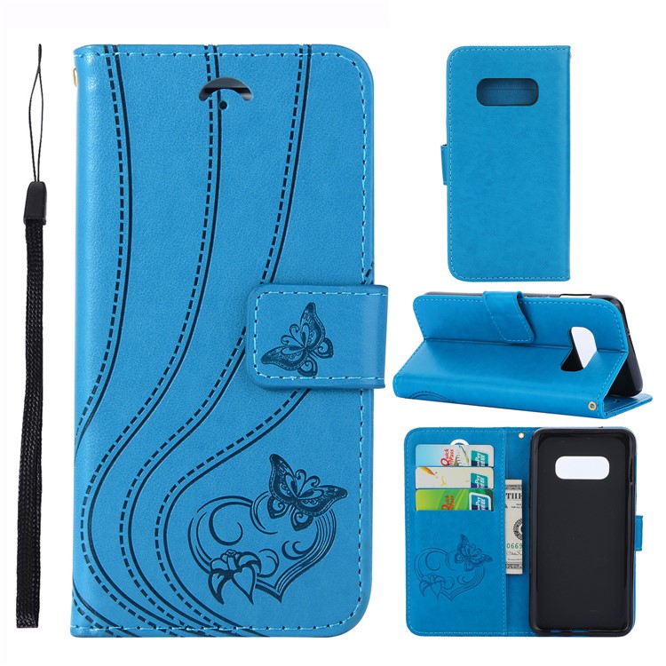Imprint Butterfly Heart Leather Phone Case for Samsung Galaxy S10e - Blue-1
