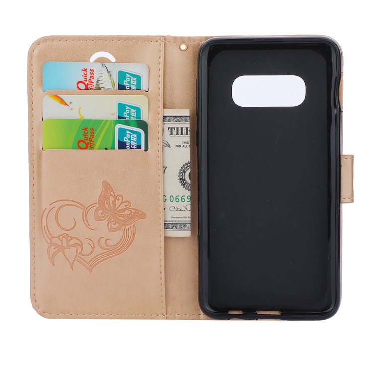 Imprint Butterfly Heart Leather Phone Case for Samsung Galaxy S10e - Gold-3