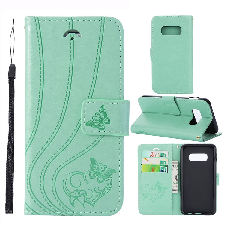 Imprint Butterfly Heart Leather Phone Case for Samsung Galaxy S10e - Cyan-1