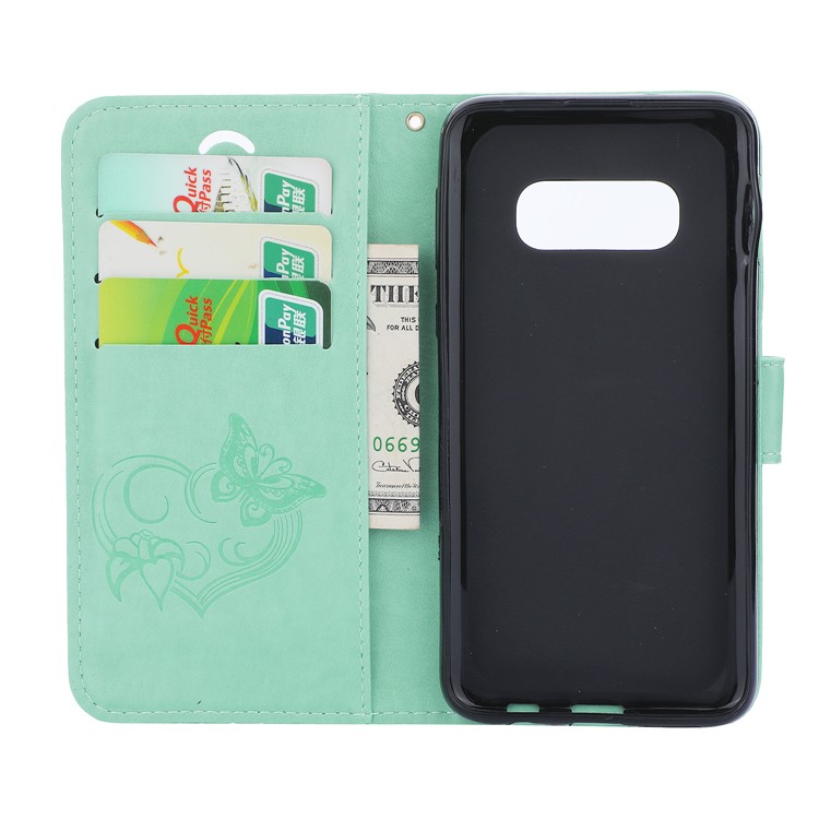 Imprint Butterfly Heart Leather Phone Case for Samsung Galaxy S10e - Cyan-3