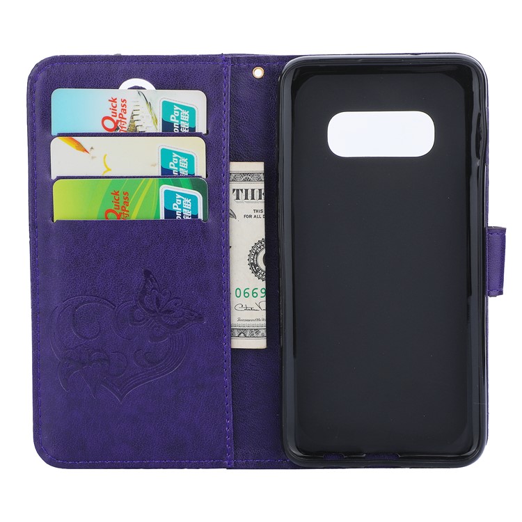 Imprint Butterfly Heart Leather Phone Case for Samsung Galaxy S10e - Dark Purple-3