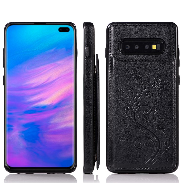 Imprint Card Holder PU Leather Coated TPU Case with Kickstand for Samsung Galaxy S10 Plus - Black-8