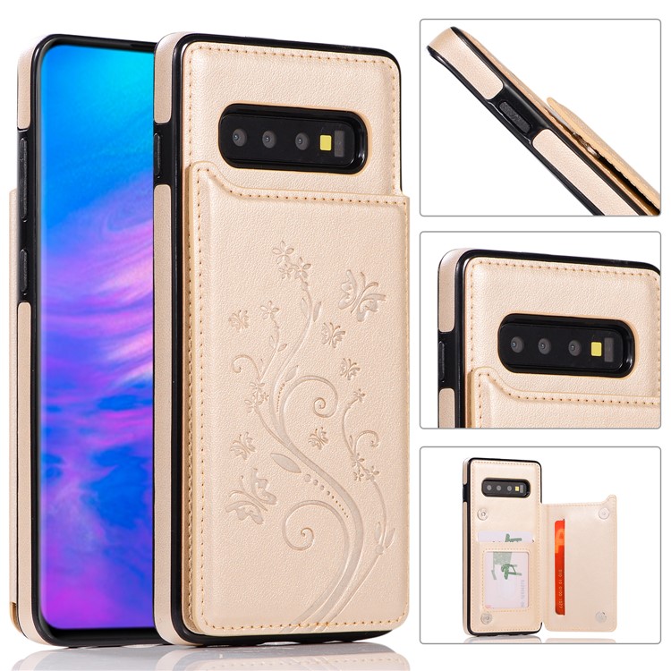 

Imprint Card Holder PU Leather Coated TPU Case with Kickstand for Samsung Galaxy S10 Plus - Gold, Galaxy S10 Plus