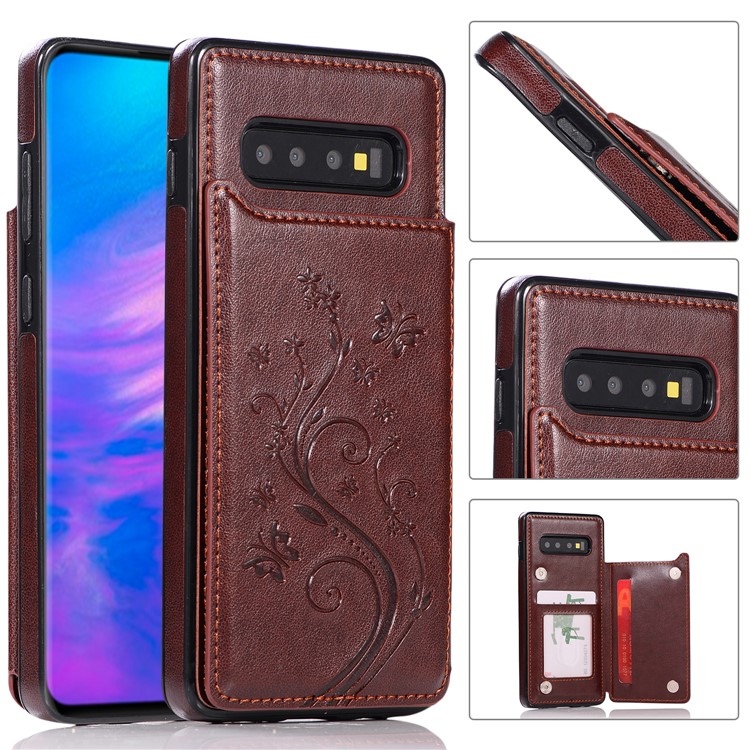 

Imprint Card Holder PU Leather Coated TPU Case with Kickstand for Samsung Galaxy S10 Plus - Brown, Galaxy S10 Plus