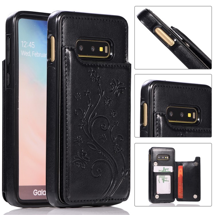 Imprint Card Holder PU Leather Coated TPU Case with Kickstand for Samsung Galaxy S10e - Black-1