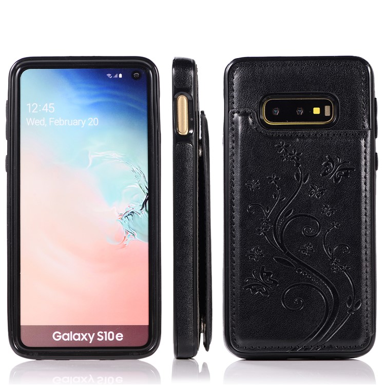 Imprint Card Holder PU Leather Coated TPU Case with Kickstand for Samsung Galaxy S10e - Black-8
