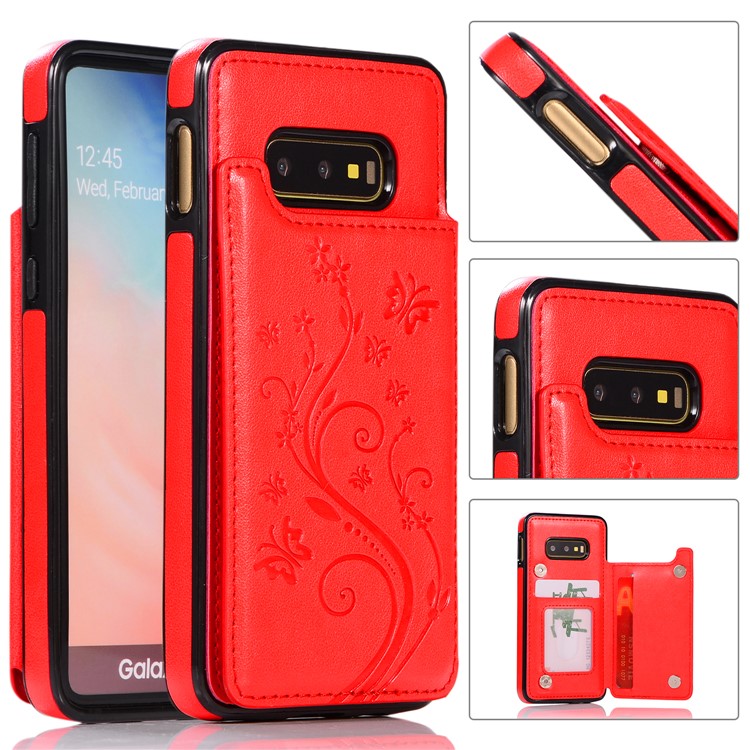 Imprint Card Holder PU Leather Coated TPU Case with Kickstand for Samsung Galaxy S10e - Red-1