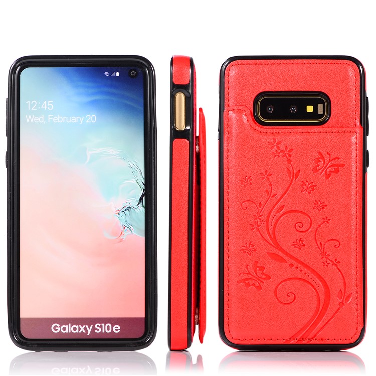 Imprint Card Holder PU Leather Coated TPU Case with Kickstand for Samsung Galaxy S10e - Red-5