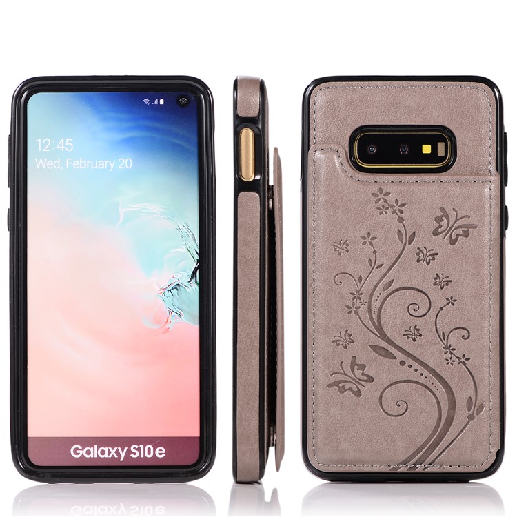 Imprint Card Holder PU Leather Coated TPU Case with Kickstand for Samsung Galaxy S10e - Grey-9