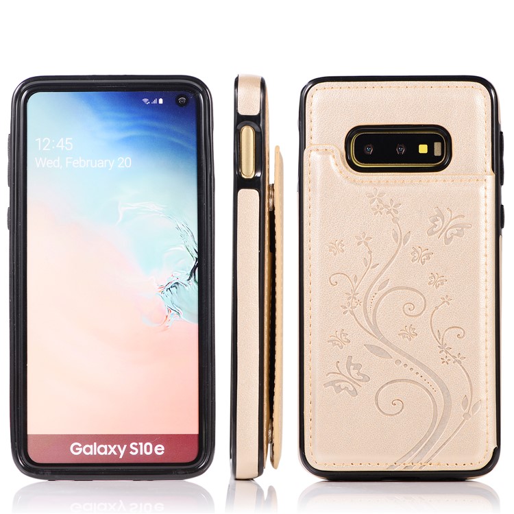 Imprint Card Holder PU Leather Coated TPU Case with Kickstand for Samsung Galaxy S10e - Gold-8