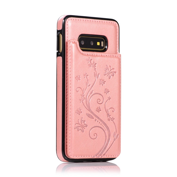 Imprint Card Holder PU Leather Coated TPU Case with Kickstand for Samsung Galaxy S10e - Rose Gold-2