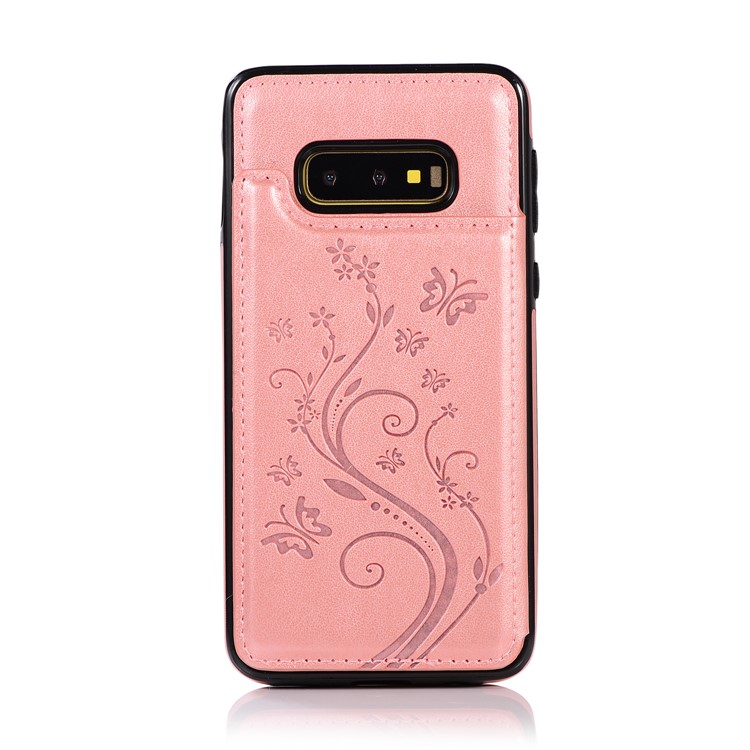 Imprint Card Holder PU Leather Coated TPU Case with Kickstand for Samsung Galaxy S10e - Rose Gold-7