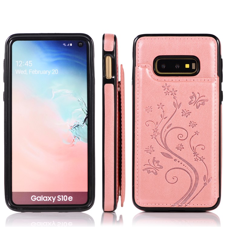 Imprint Card Holder PU Leather Coated TPU Case with Kickstand for Samsung Galaxy S10e - Rose Gold-8