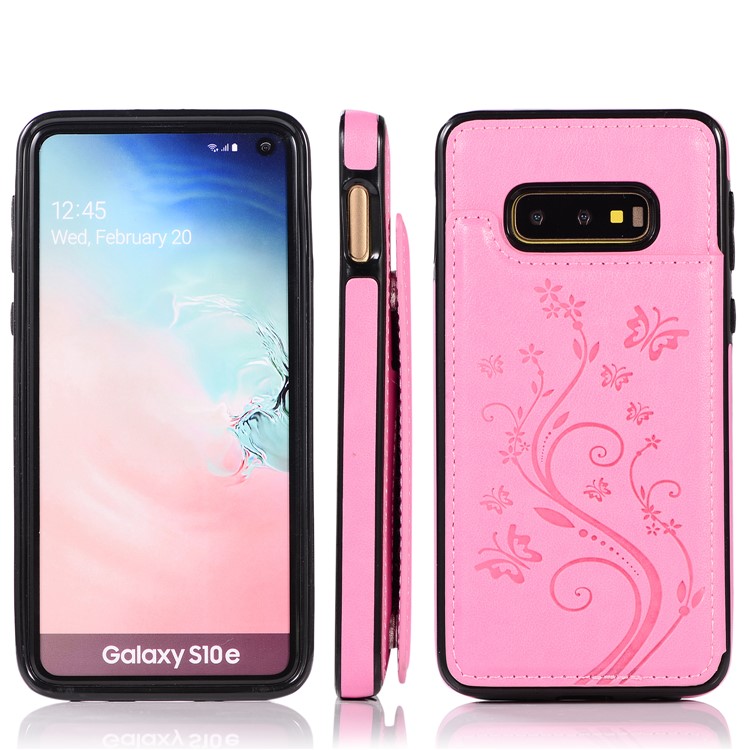 Imprint Card Holder PU Leather Coated TPU Case with Kickstand for Samsung Galaxy S10e - Pink-8
