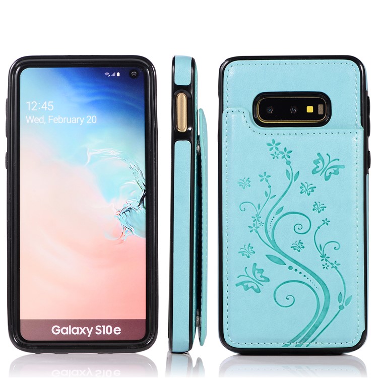Imprint Card Holder PU Leather Coated TPU Case with Kickstand for Samsung Galaxy S10e - Baby Blue-8
