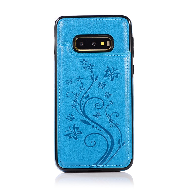 Imprint Card Holder PU Leather Coated TPU Case with Kickstand for Samsung Galaxy S10e - Dark Blue-7