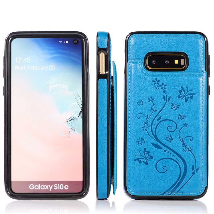 Imprint Card Holder PU Leather Coated TPU Case with Kickstand for Samsung Galaxy S10e - Dark Blue-8