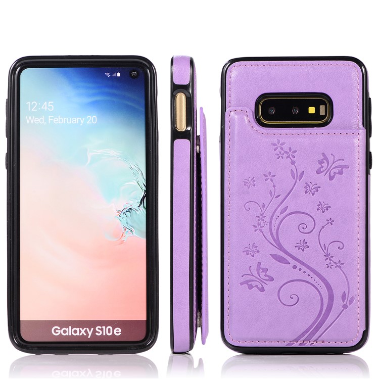 Imprint Card Holder PU Leather Coated TPU Case with Kickstand for Samsung Galaxy S10e - Purple-8