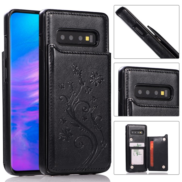 For Samsung Galaxy S10 Imprint Flower Card Holder PU Leather Coated TPU Cover with Kickstand - Black-1