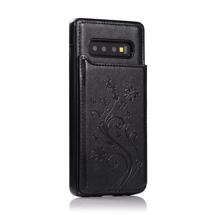 For Samsung Galaxy S10 Imprint Flower Card Holder PU Leather Coated TPU Cover with Kickstand - Black-4