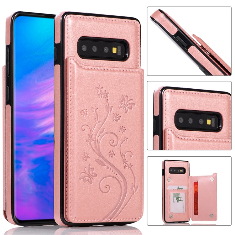 

Для Samsung Galaxy S10 Отпечаток Держатель Карты Цветов PU Кожа С Покрытием Крышка ТПУ С Подставкой - Розовое Золото, Galaxy S10