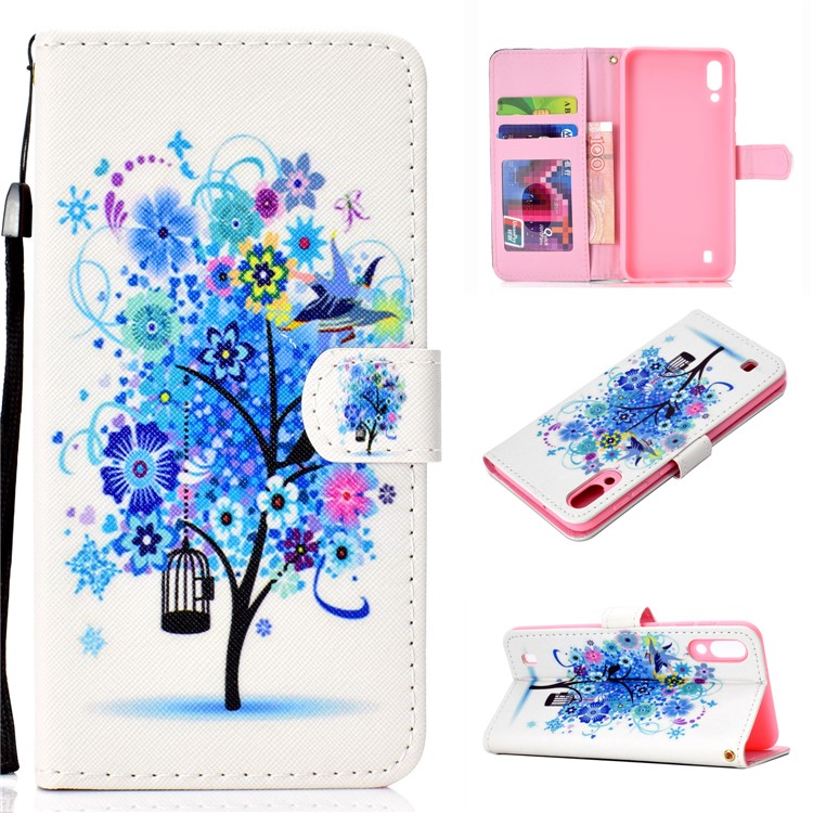 

Patterned Leather Wallet Protection Cover for Samsung Galaxy M10 - Blue Flowered Tree, Galaxy M10