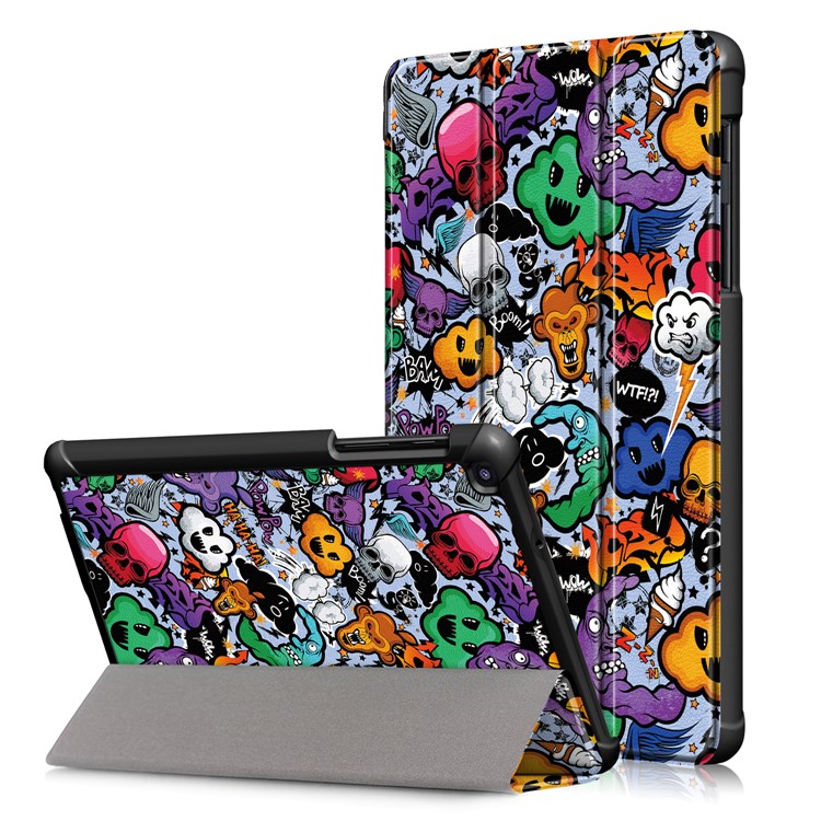 Pattern Printing Tri-fold Stand PU Leather Cover for Samsung Galaxy Tab A 8.0 (2019) with S Pen P200 P205 - Skulls Pattern-1