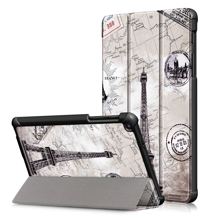 Pattern Printing Tri-fold Stand PU Leather Cover for Samsung Galaxy Tab A 8.0 (2019) with S Pen P200 P205 - Eiffel Tower and Map-1