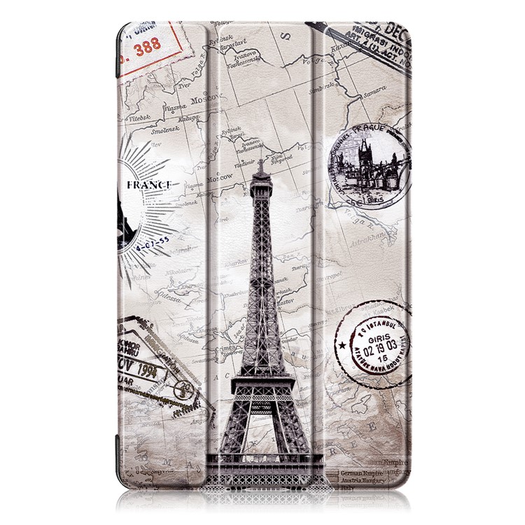 Pattern Printing Tri-fold Stand PU Leather Cover for Samsung Galaxy Tab A 8.0 (2019) with S Pen P200 P205 - Eiffel Tower and Map-2