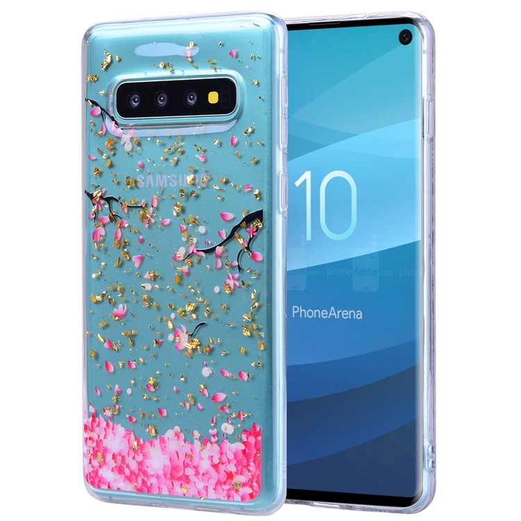 Glitter Sequins Inlaid Patterned TPU Phone Cover for Samsung Galaxy S10 Plus - Falling Flowers-1