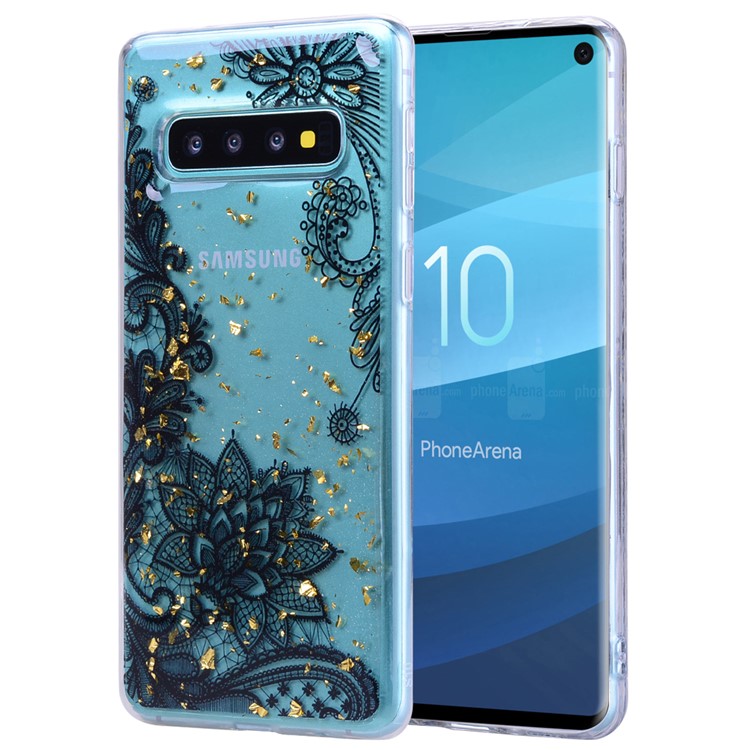 Glitter Sequins Inlaid Patterned TPU Phone Cover for Samsung Galaxy S10 Plus - Black Lace-1