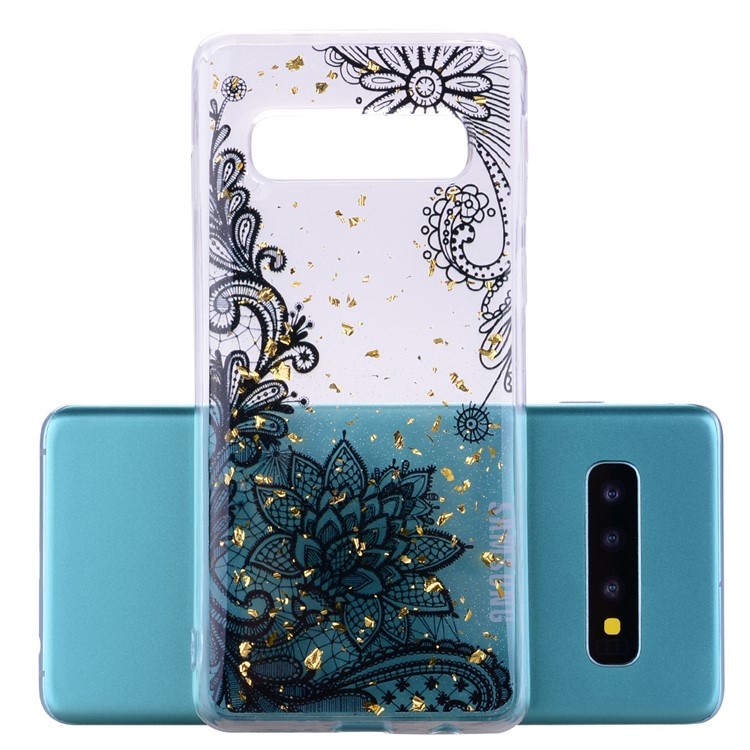 Glitter Sequins Inlaid Patterned TPU Phone Cover for Samsung Galaxy S10 Plus - Black Lace-2