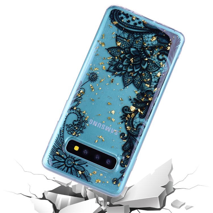 Glitter Sequins Inlaid Patterned TPU Phone Cover for Samsung Galaxy S10 Plus - Black Lace-6