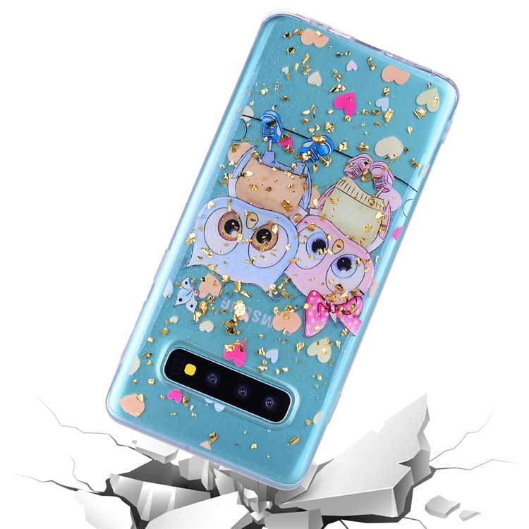 Glitter Sequins Inlaid Patterned TPU Phone Cover for Samsung Galaxy S10 Plus - Owls-6