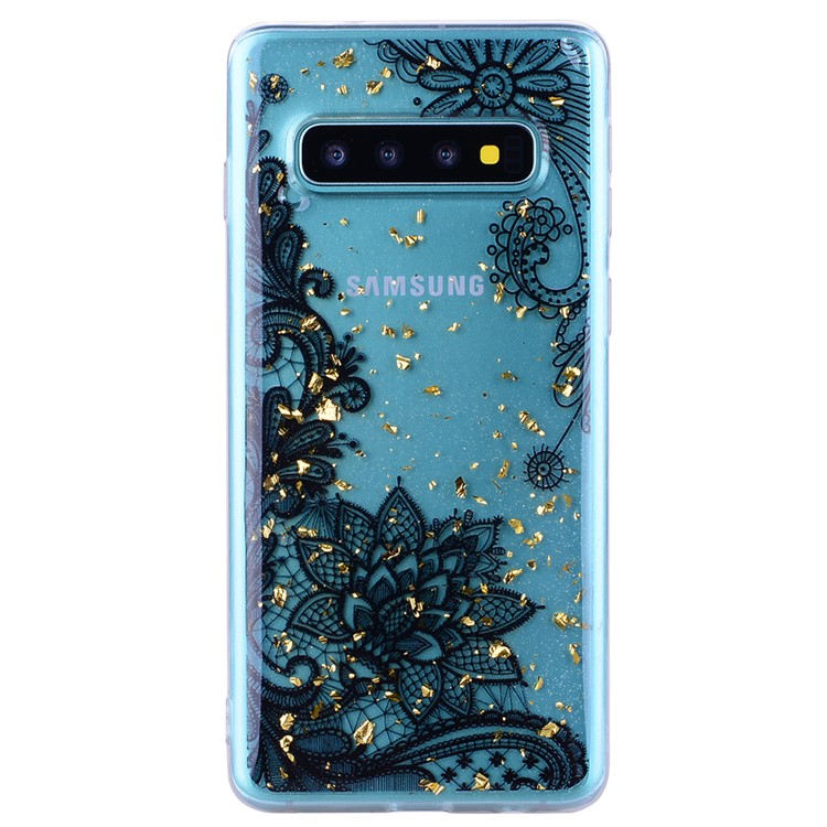Glitter Sequins Inlaid Patterned TPU Phone Cover for Samsung Galaxy S10 - Black Lace-3