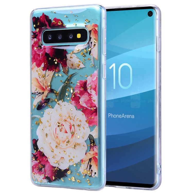 Glitter Sequins Inlaid Patterned TPU Phone Cover for Samsung Galaxy S10 - Pretty Flowers-1