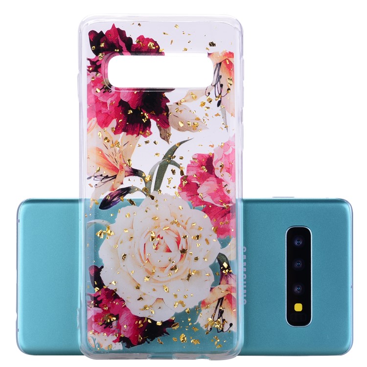 Glitter Sequins Inlaid Patterned TPU Phone Cover for Samsung Galaxy S10 - Pretty Flowers-2