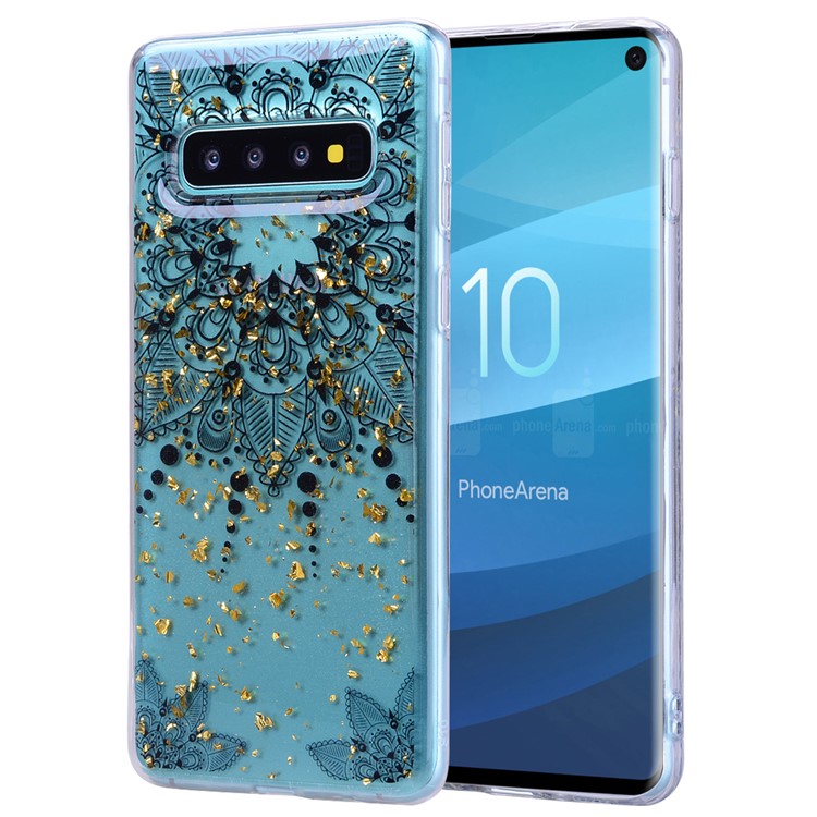 Glitter Sequins Inlaid Patterned TPU Phone Cover for Samsung Galaxy S10 - Black Flower-1