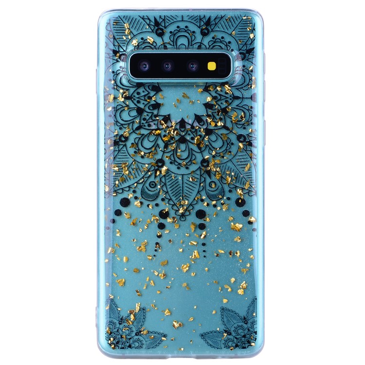 Glitter Sequins Inlaid Patterned TPU Phone Cover for Samsung Galaxy S10 - Black Flower-2